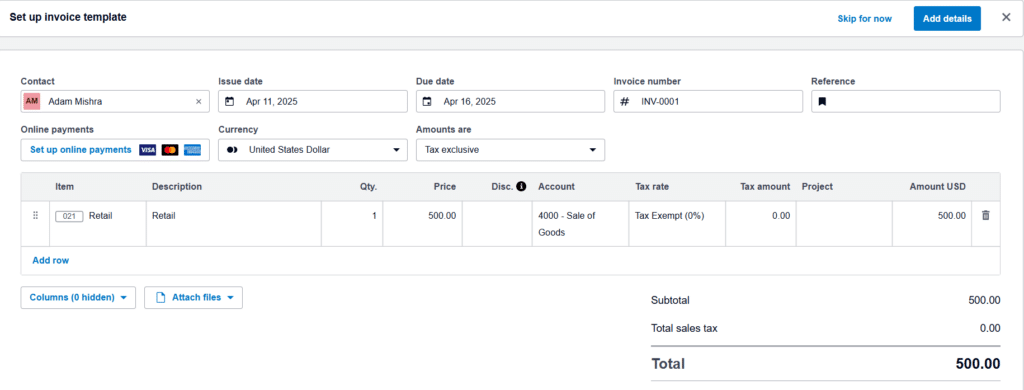 xero invoice template
